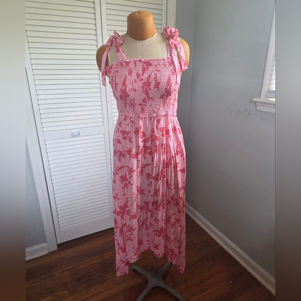 ZESICA NWT Pink Red Floral Smocked Maxi Dress Size L Romantic Softgirl